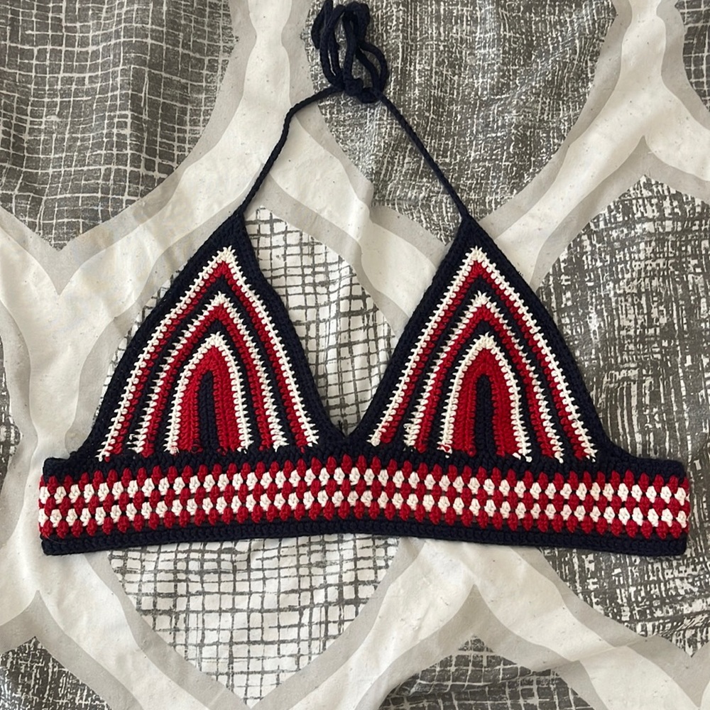 Crocheted Red White and Blue bra Top